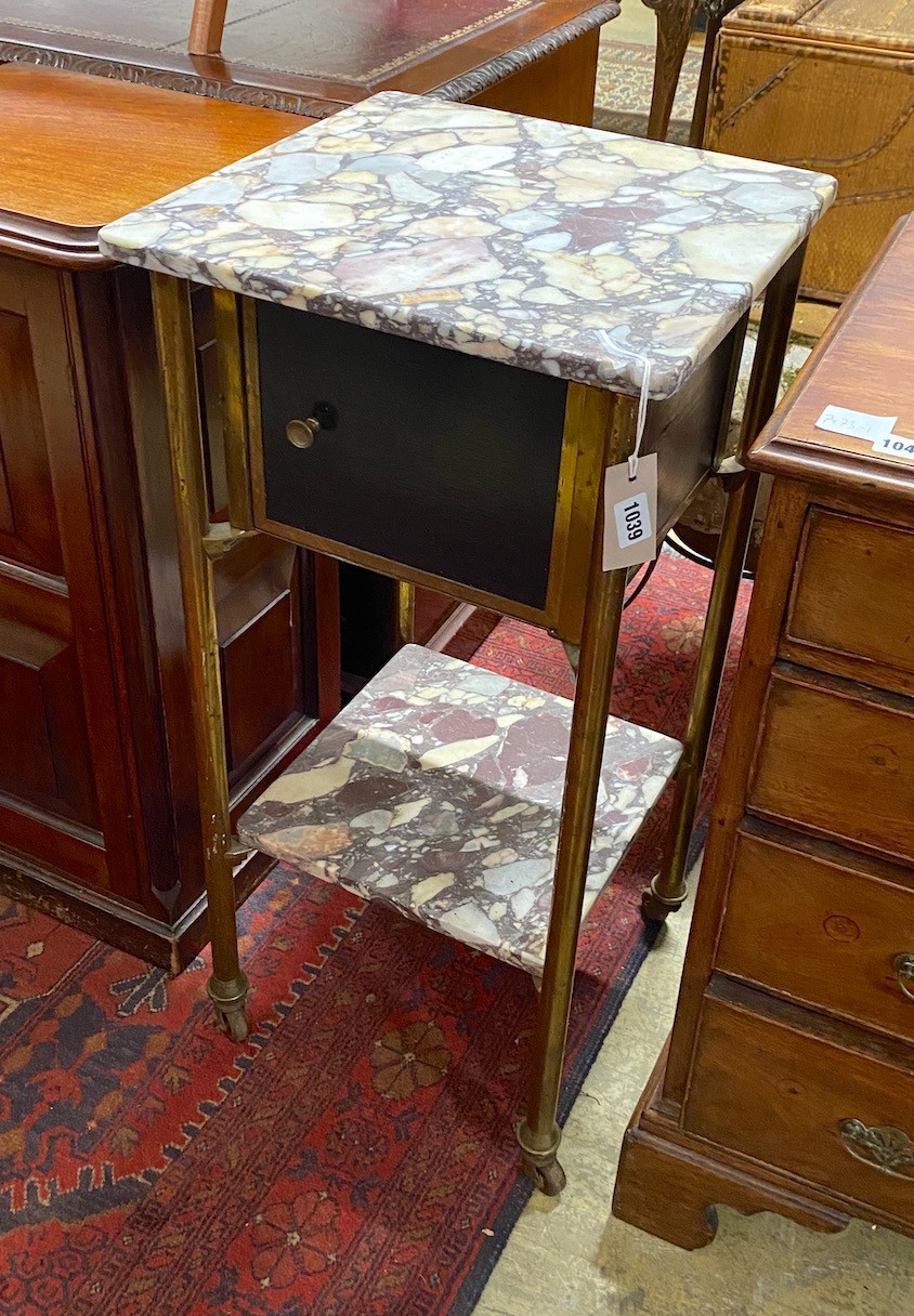 An early 20th century Continental brass and variegated marble two tier washstand, width 40cm, depth 40cm, height 81cm